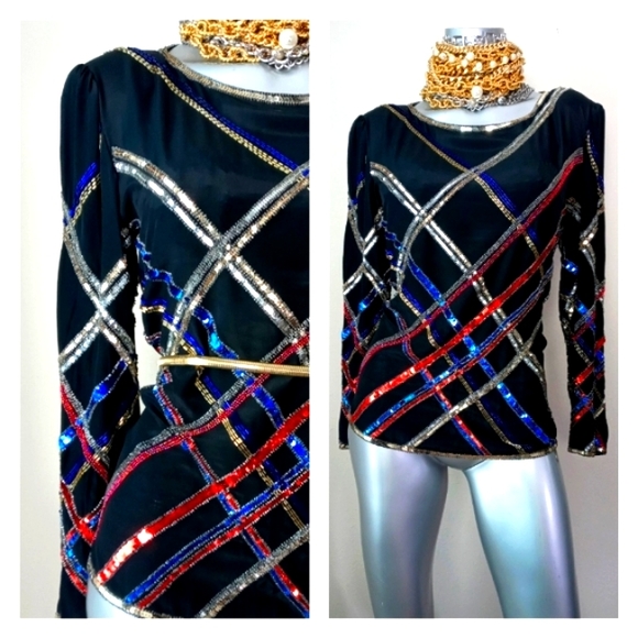 100% Silk "ARGENTI" Sequins & Beads Cocktail Vintage Top - Picture 4 of 14